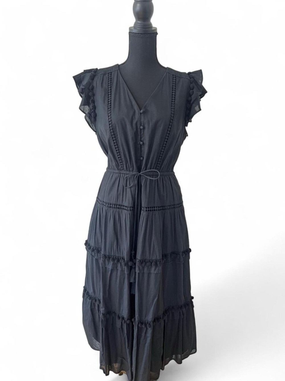 J crew boho chic flutter sleeve pom pom midi dress whimsygoth dark romantic